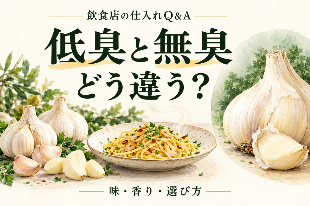 低臭にんにくと無臭にんにくの違いを、味・香り・選び方から解説する飲食店向けQ&Aのイラスト