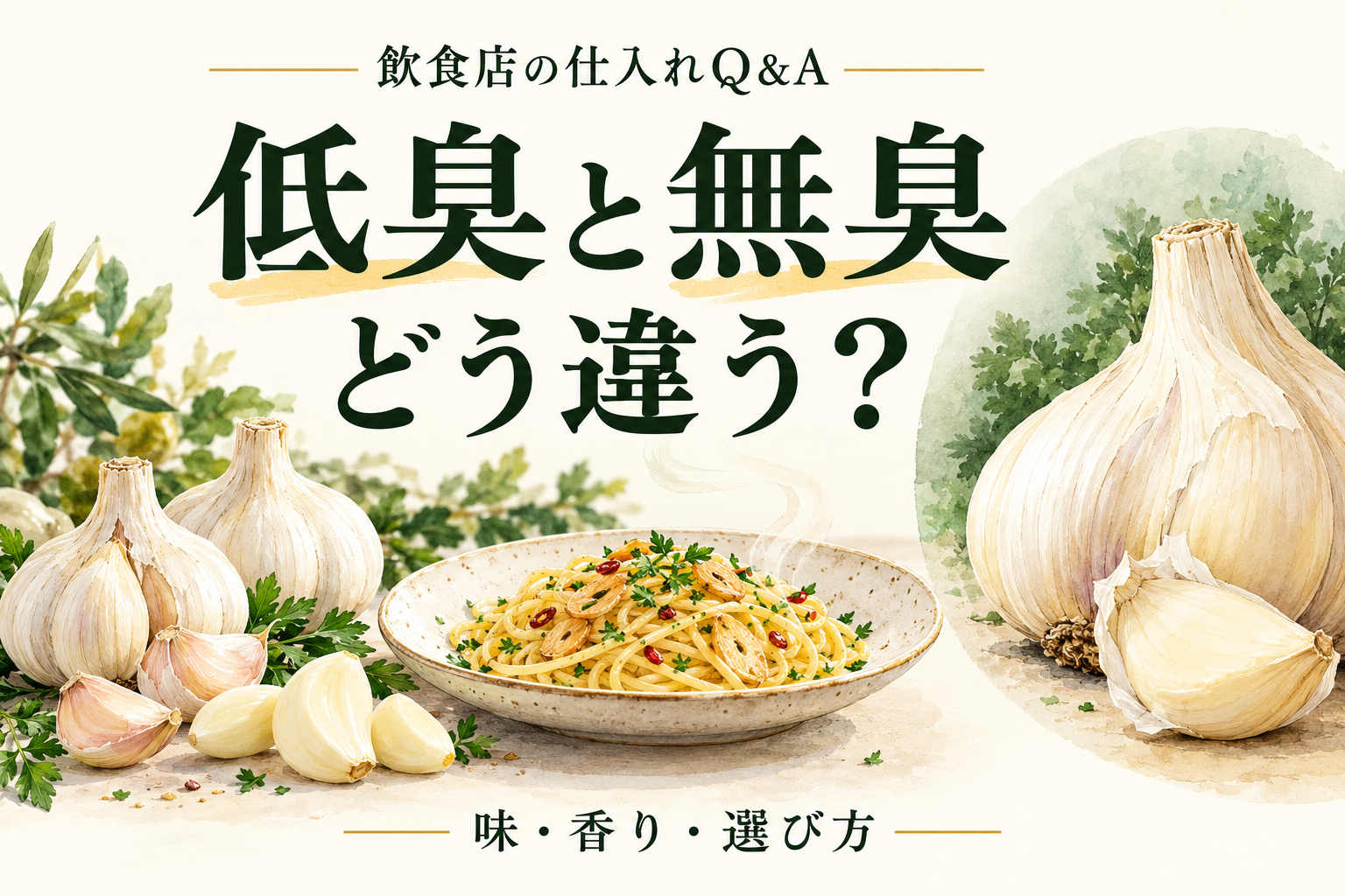 低臭にんにくと無臭にんにくの違いを、味・香り・選び方から解説する飲食店向けQ&Aのイラスト